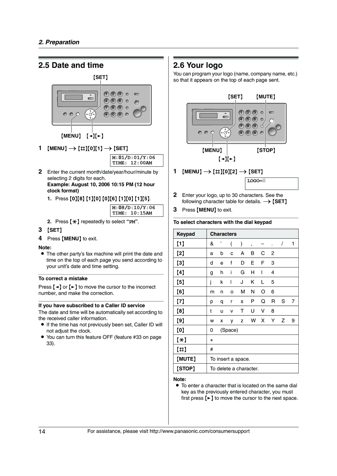 Panasonic KX-FP205 operating instructions Date and time, Your logo, SET Mute 