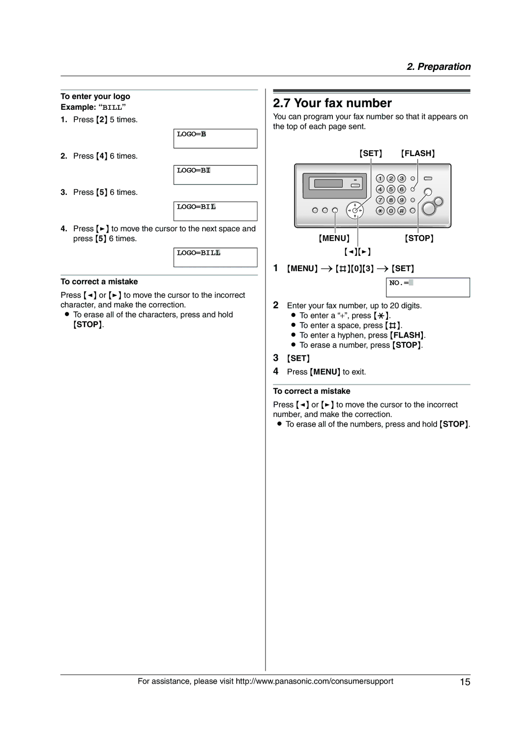 Panasonic KX-FP205 operating instructions Your fax number, To enter your logo Example Bill, SET Flash 