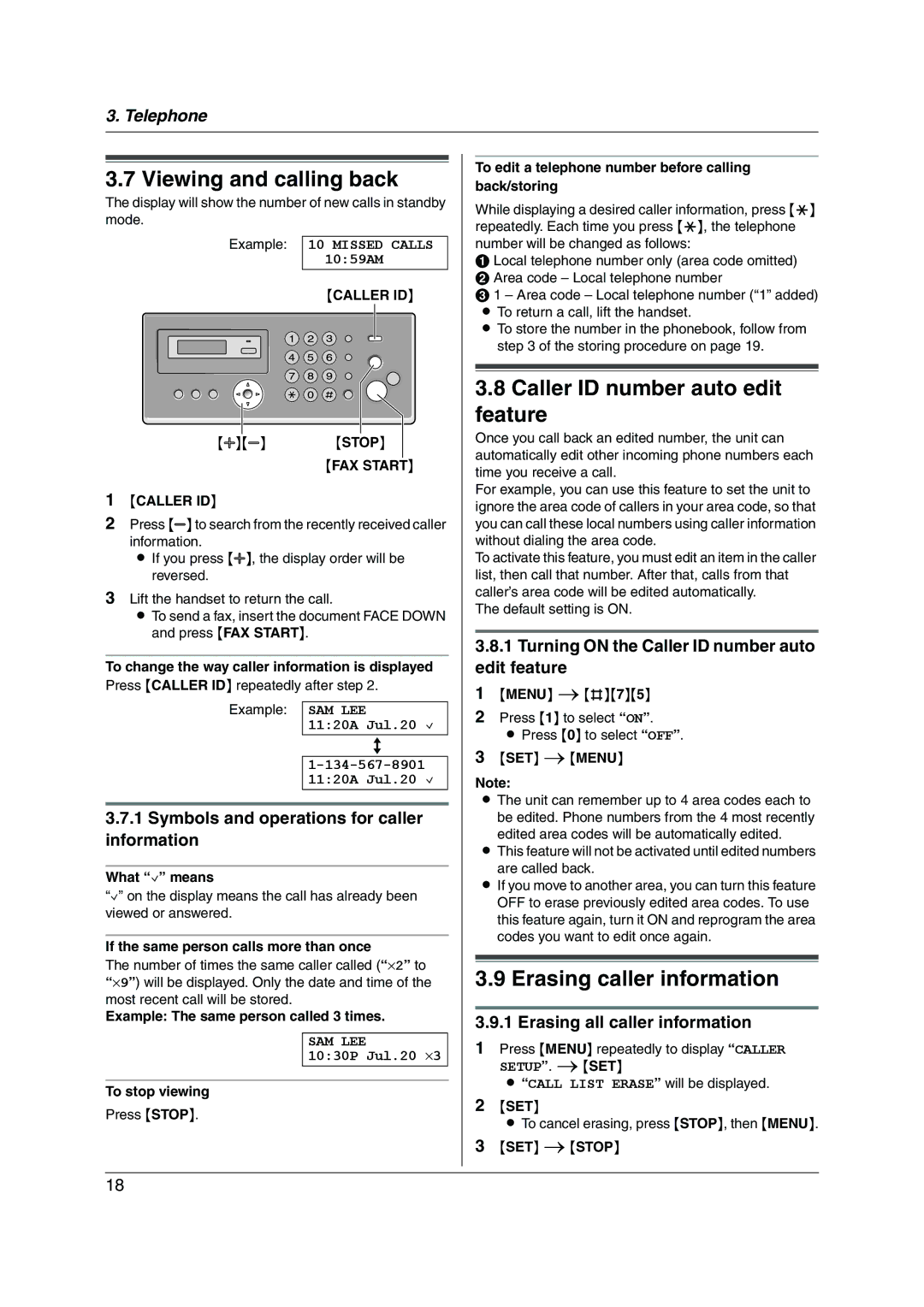 Panasonic KX-FP205 operating instructions Viewing and calling back, Caller ID number auto edit feature, FAX Start Caller ID 