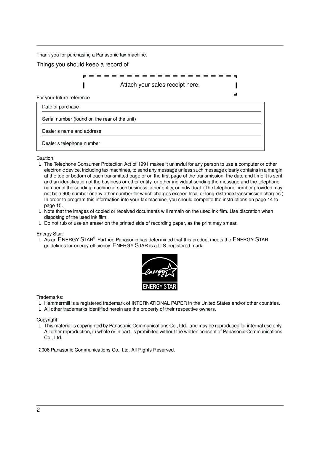 Panasonic KX-FP205 operating instructions Things you should keep a record 