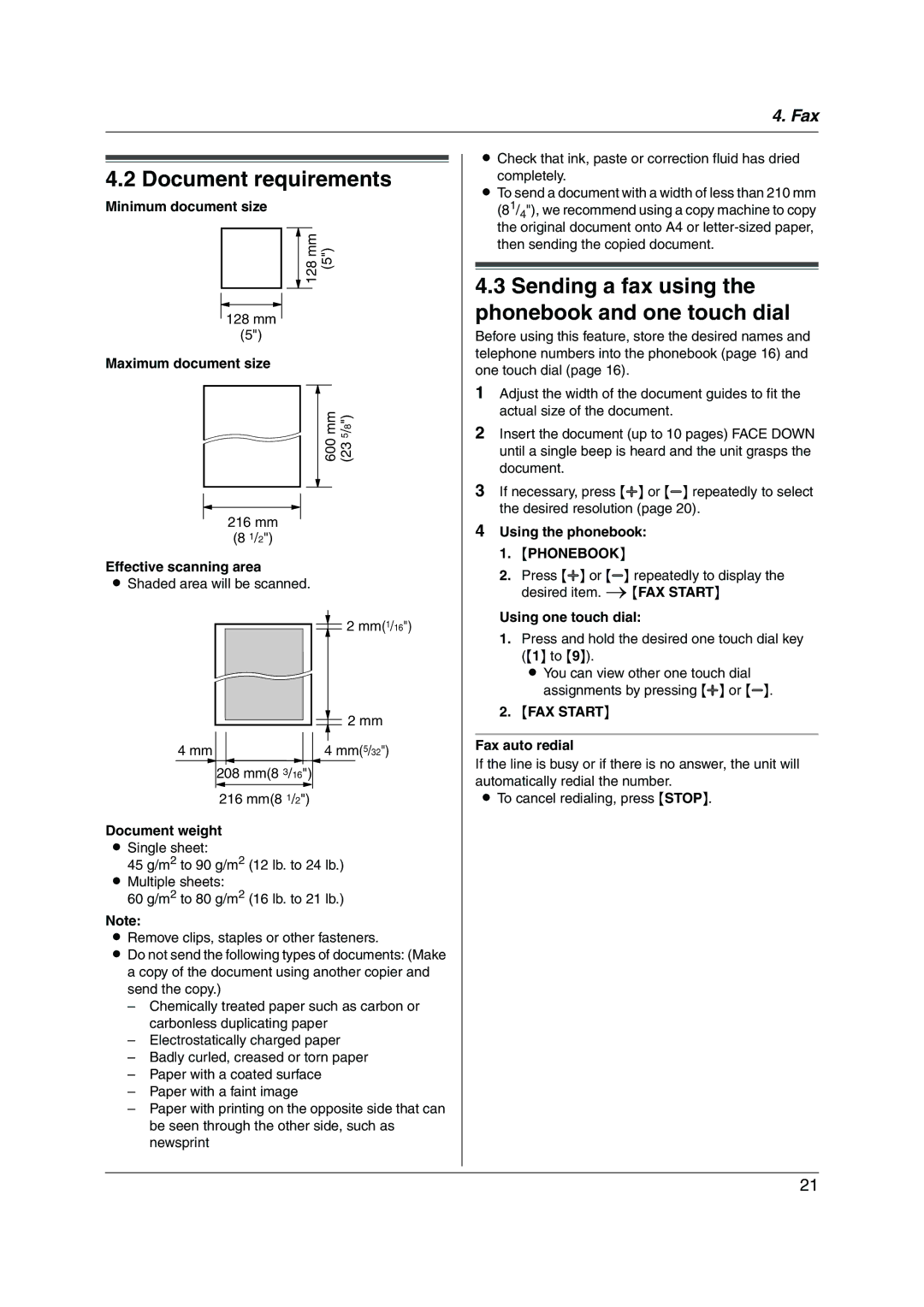 Panasonic KX-FP205 operating instructions Document requirements, Sending a fax using Phonebook and one touch dial 