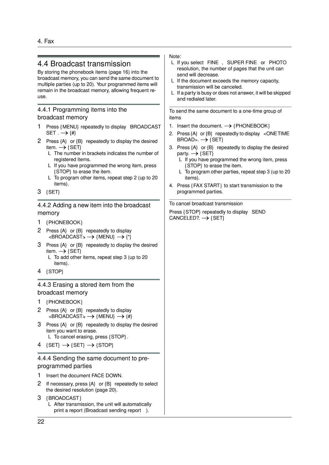 Panasonic KX-FP205 operating instructions Broadcast transmission, Programming items into the broadcast memory 