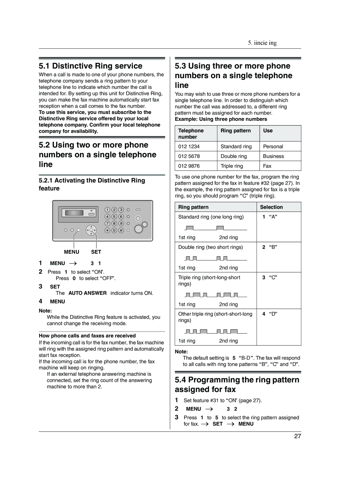 Panasonic KX-FP205 Distinctive Ring service, Using two or more phone numbers on a single telephone line, Menu SET 