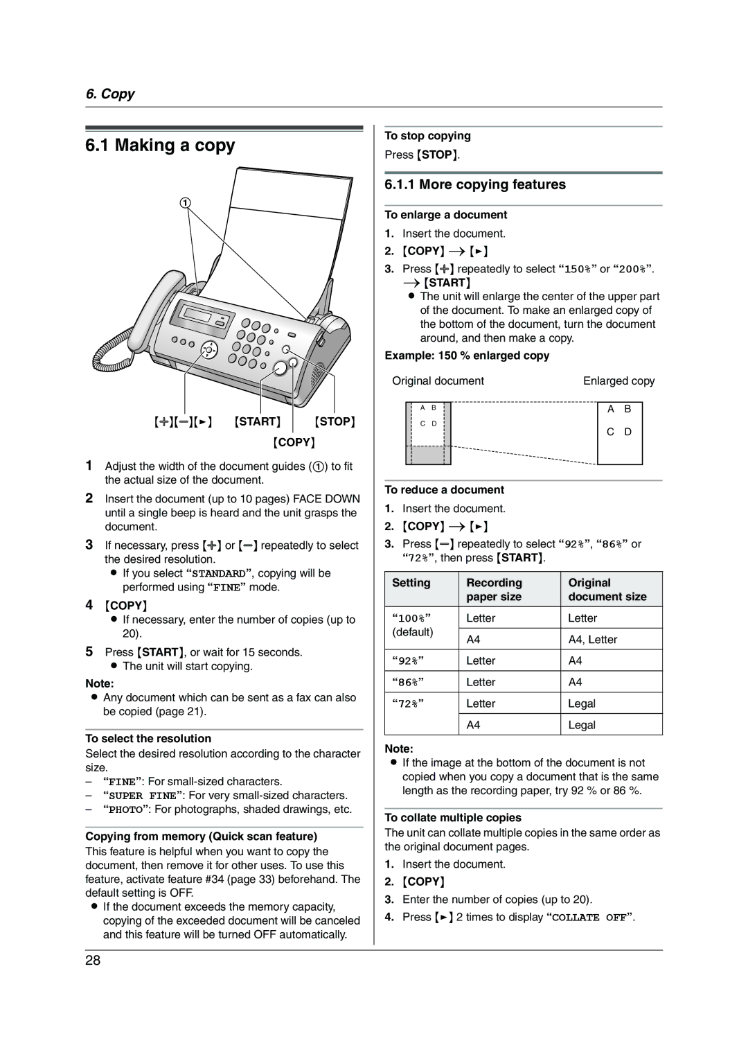 Panasonic KX-FP205 operating instructions Making a copy, More copying features 