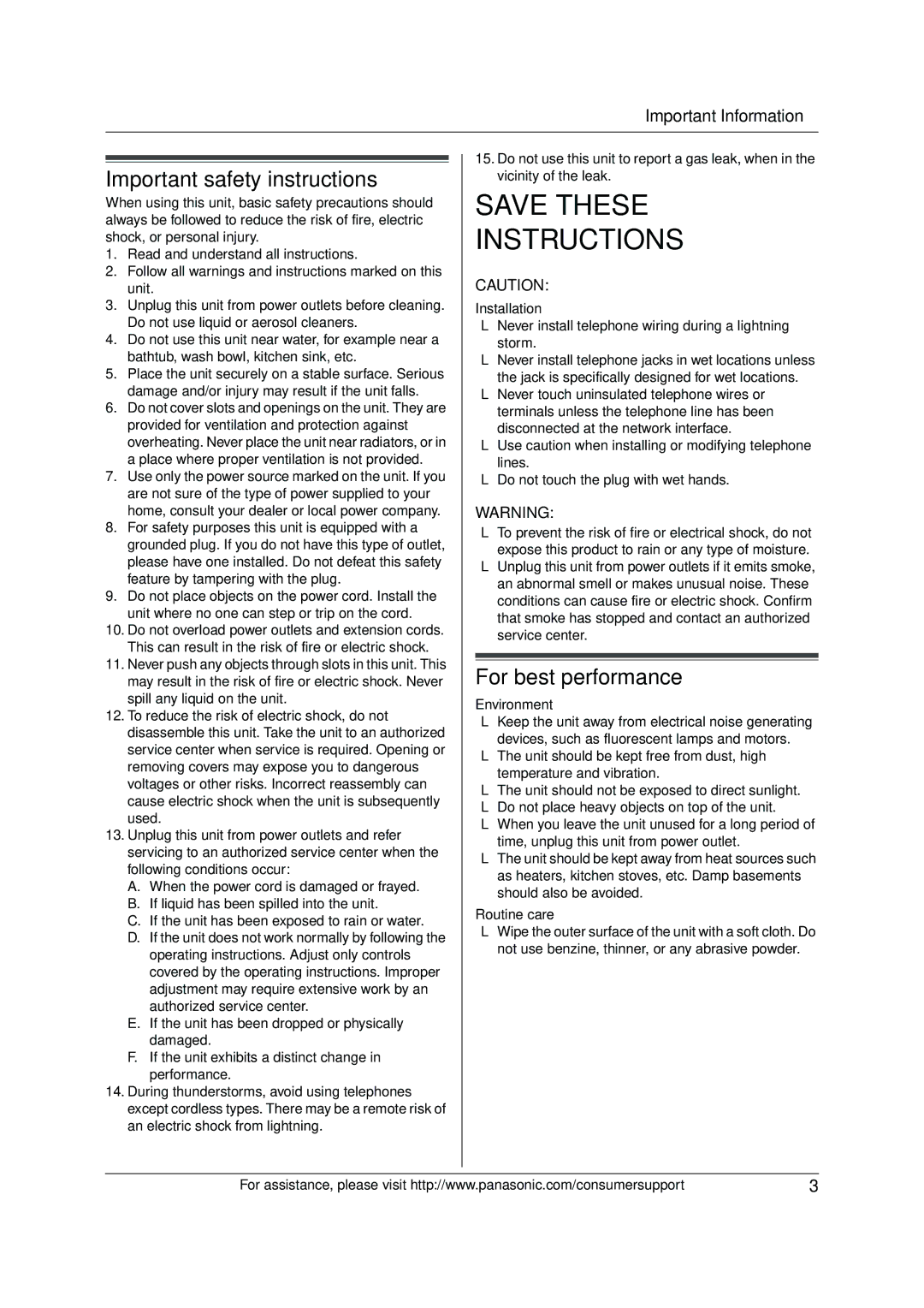 Panasonic KX-FP205 Important safety instructions, For best performance, Installation, Environment, Routine care 