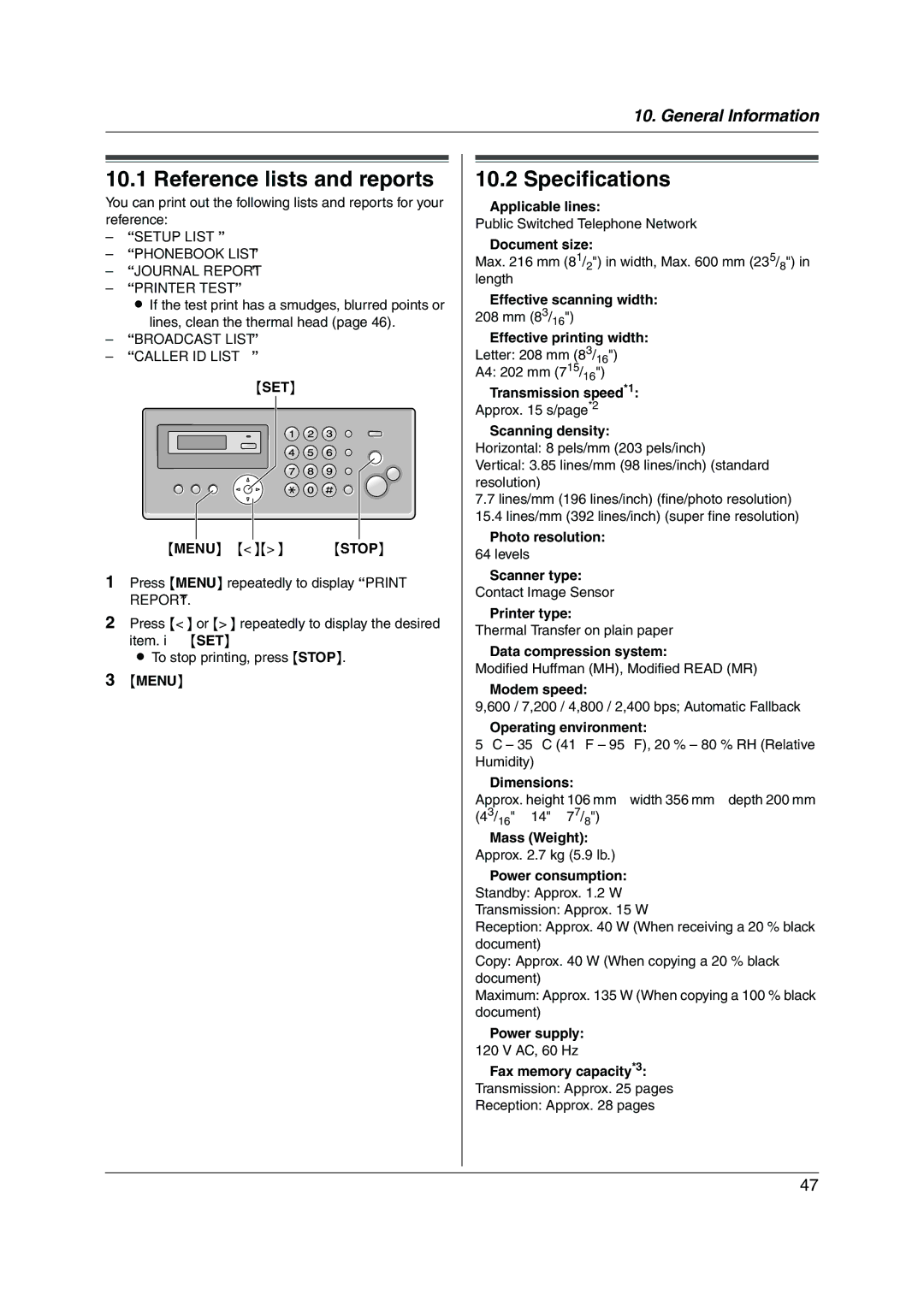 Panasonic KX-FP205 operating instructions Reference lists and reports, Specifications 