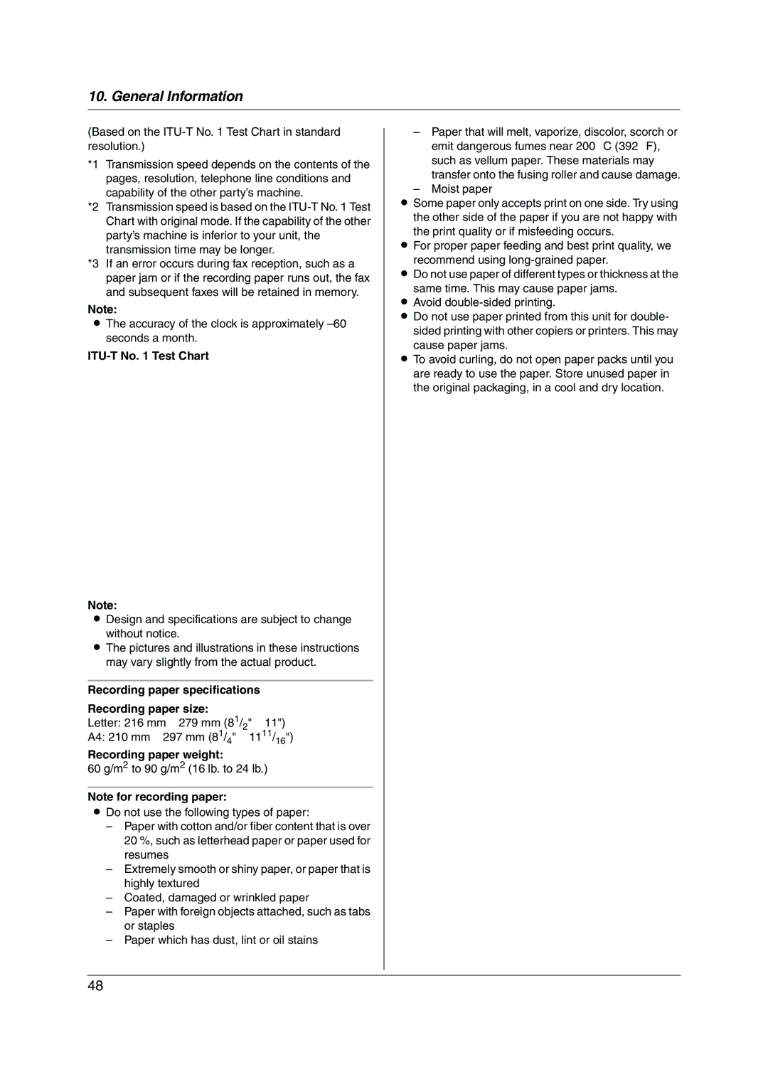 Panasonic KX-FP205 ITU-T No Test Chart, Recording paper specifications Recording paper size, Recording paper weight 