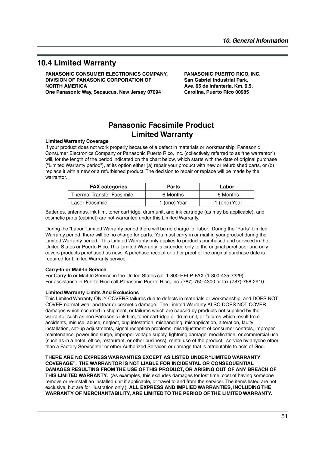 Panasonic KX-FP205 operating instructions Panasonic Facsimile Product Limited Warranty, North America 