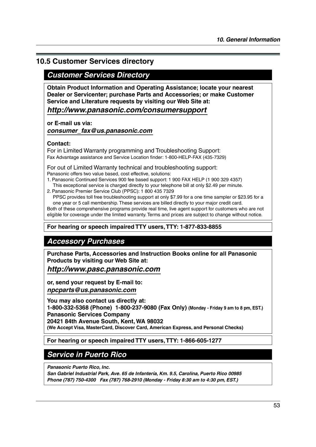 Panasonic KX-FP205 Customer Services directory, Contact, For hearing or speech impaired TTY users, TTY 