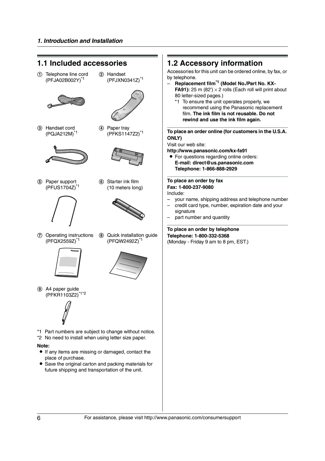 Panasonic KX-FP205 Included accessories, Accessory information, To place an order online for customers in the U.S.A. only 