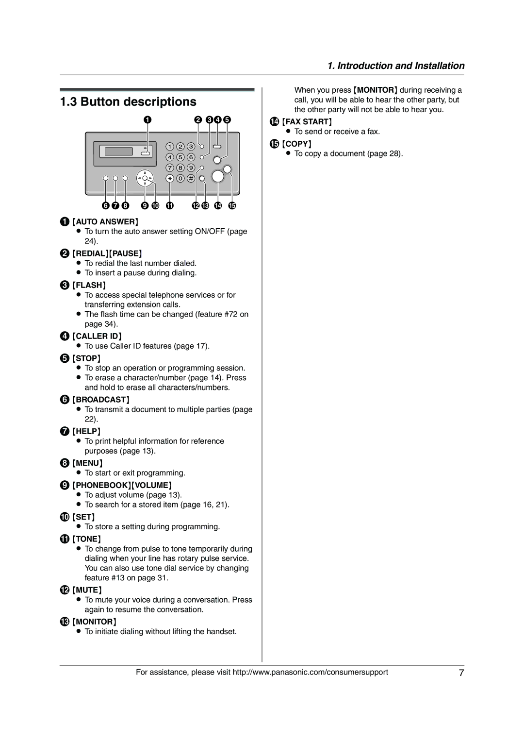 Panasonic KX-FP205 operating instructions Button descriptions 