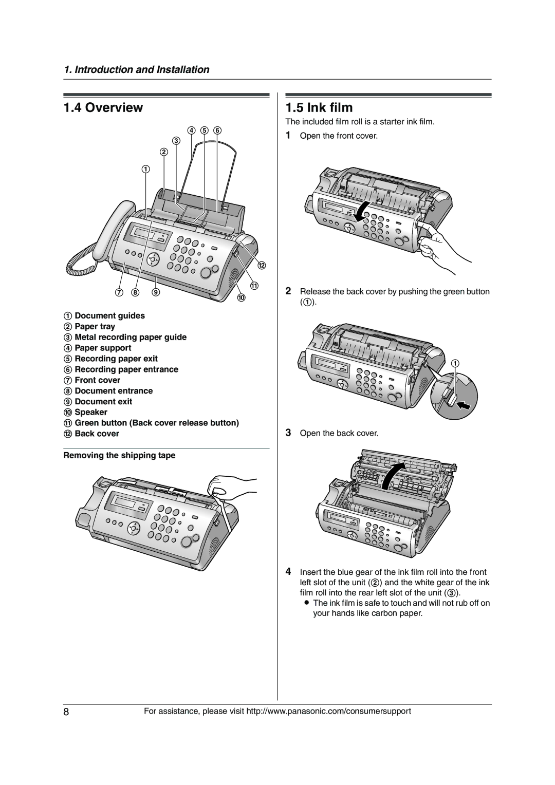 Panasonic KX-FP205 operating instructions Overview, Ink film, Removing the shipping tape 