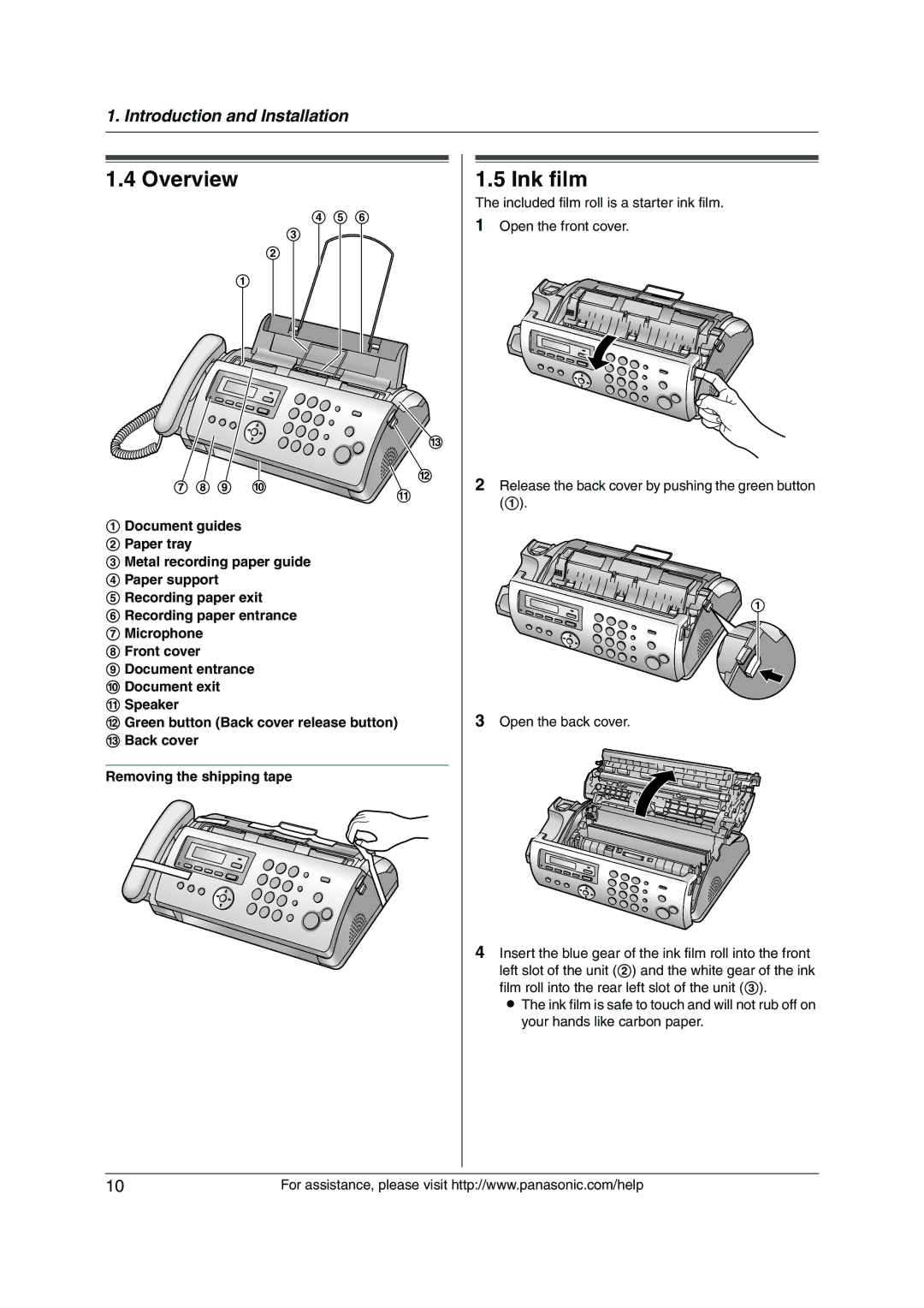 Panasonic KX-FP215 operating instructions Overview, Ink film, Removing the shipping tape 