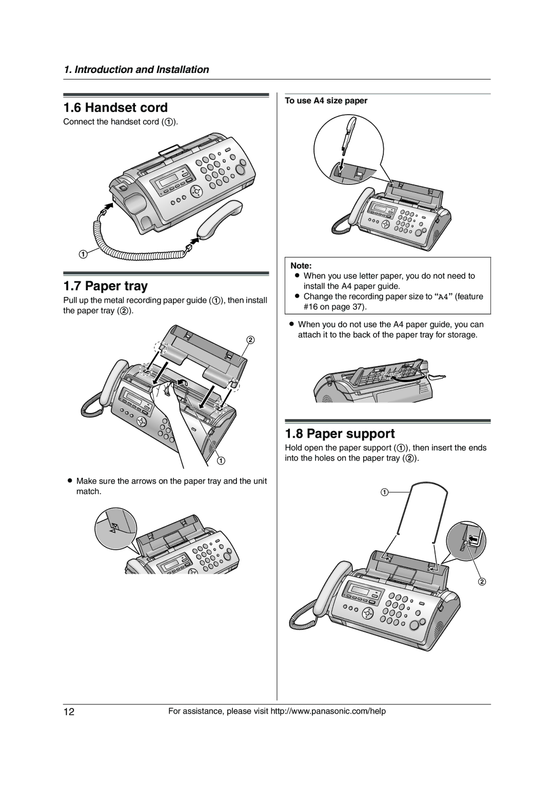 Panasonic KX-FP215 Handset cord, Paper tray, Paper support, Connect the handset cord, To use A4 size paper 