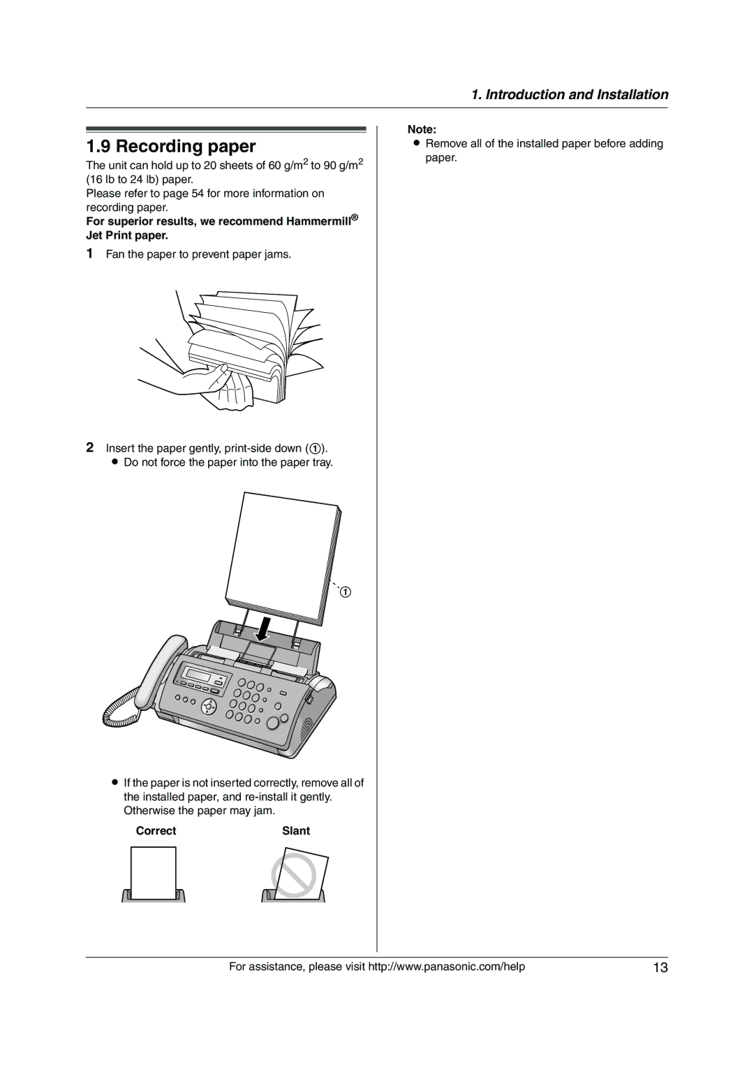 Panasonic KX-FP215 Recording paper, CorrectSlant, Remove all of the installed paper before adding paper 