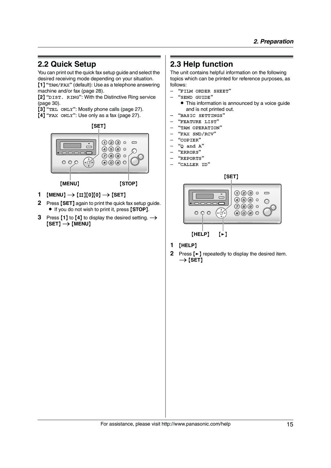 Panasonic KX-FP215 operating instructions Quick Setup, Help function, SET Menu Stop, SET iMENU 