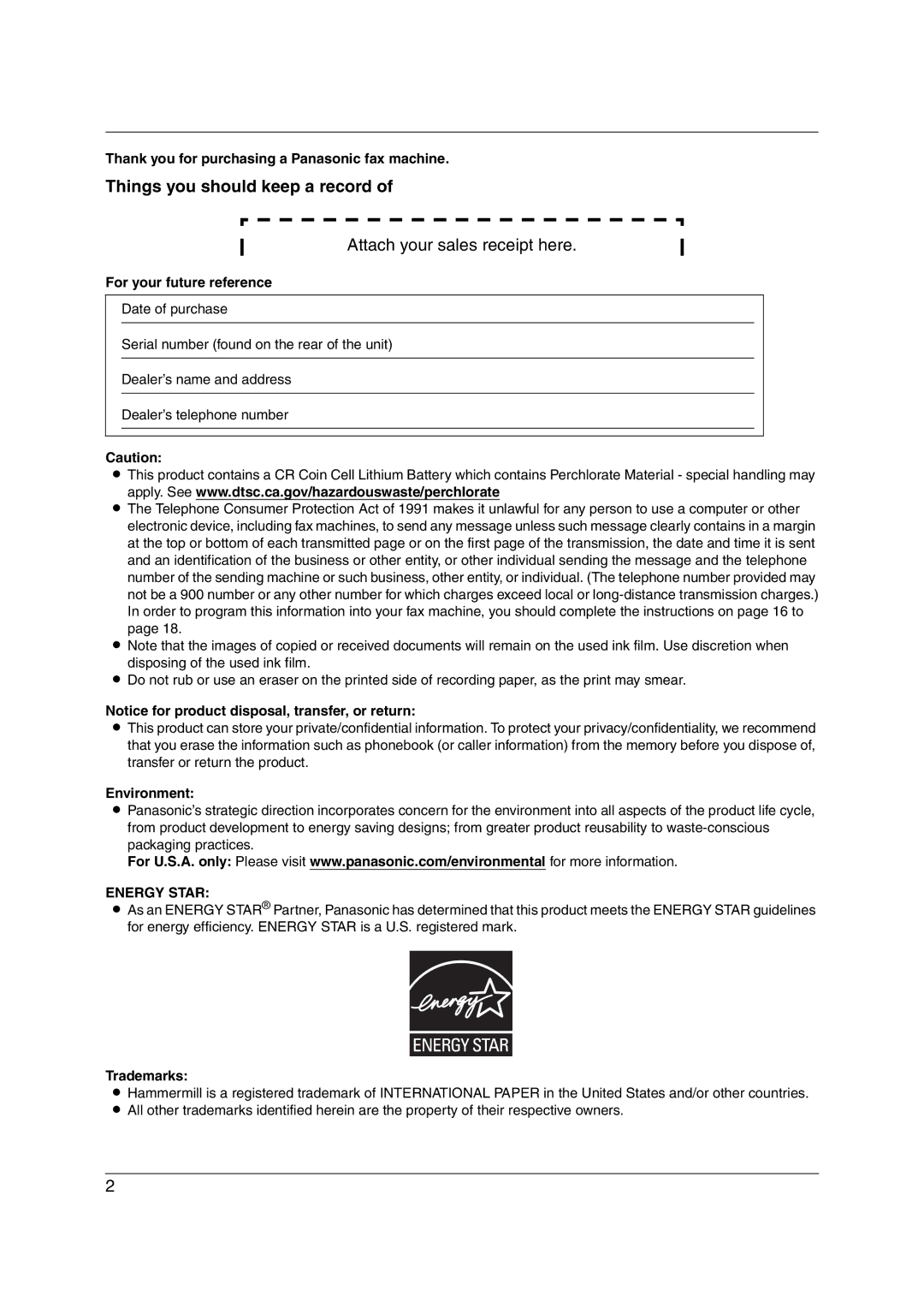 Panasonic KX-FP215 operating instructions Things you should keep a record, Energy Star 