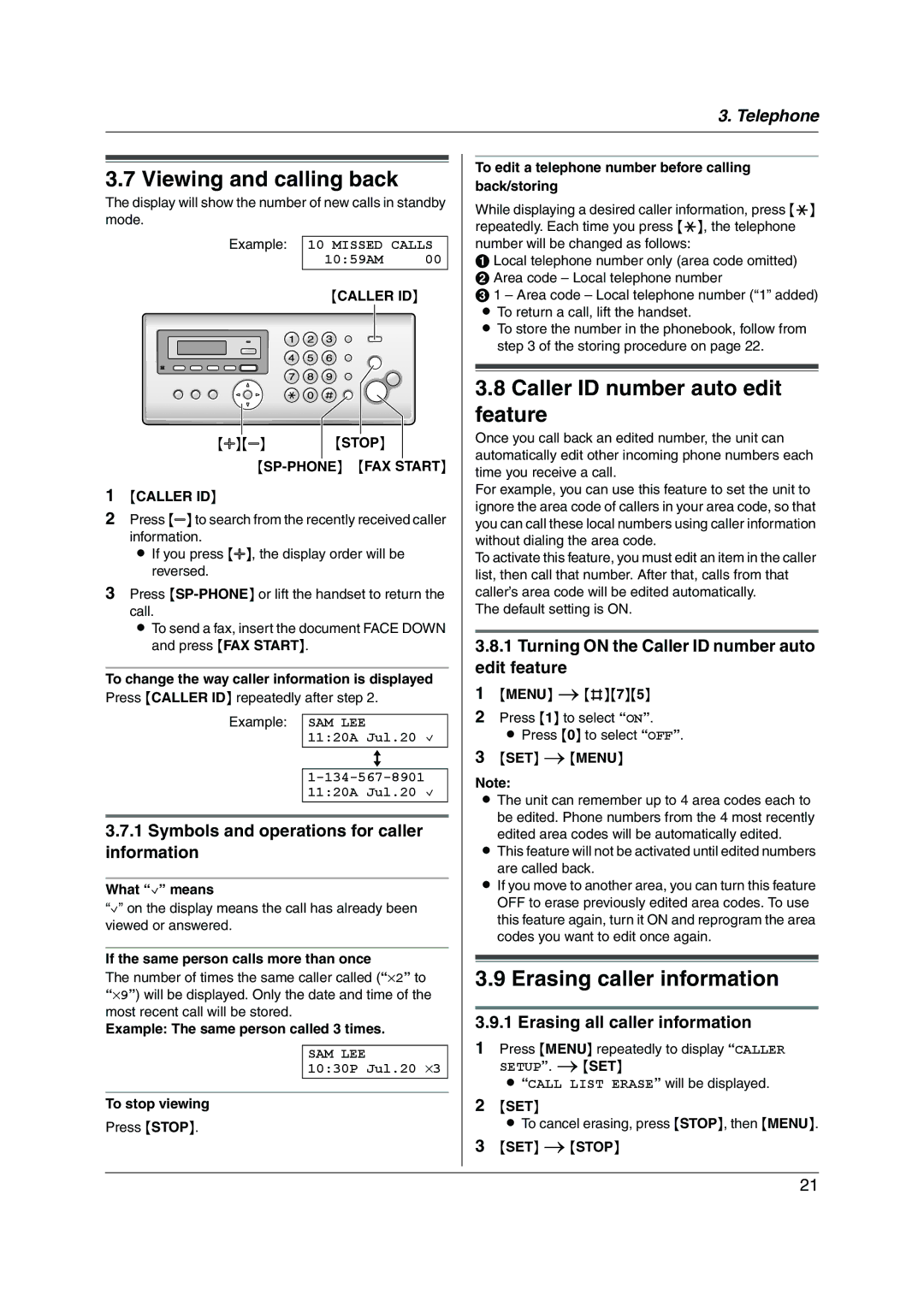 Panasonic KX-FP215 operating instructions Viewing and calling back, Caller ID number auto edit feature 