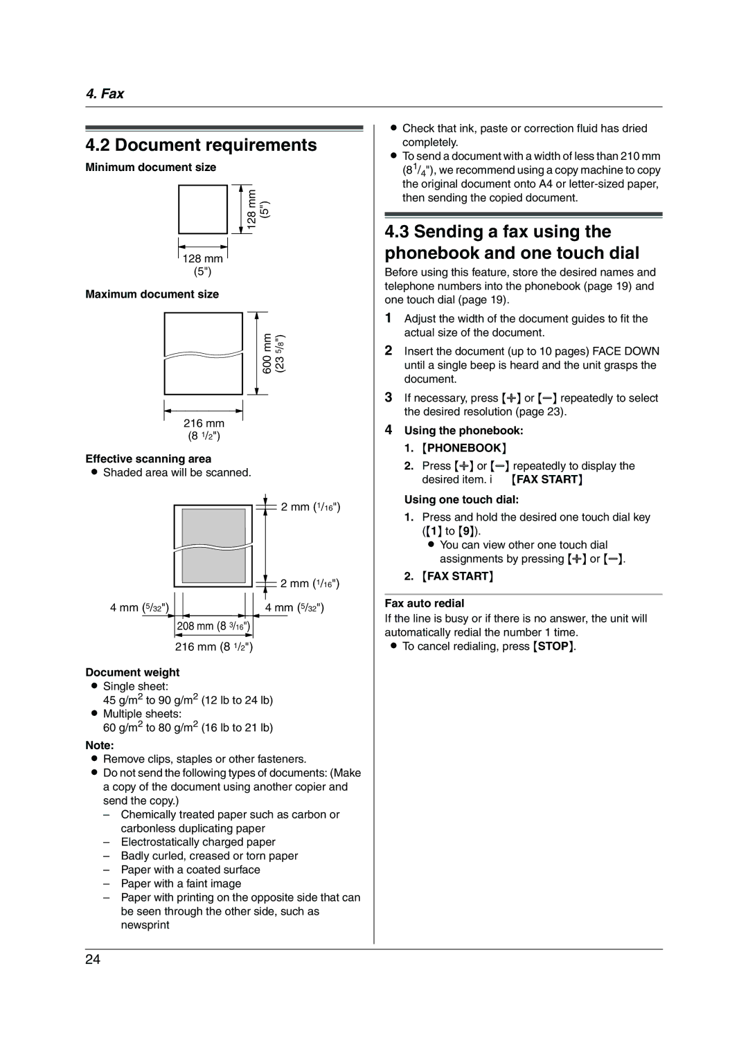 Panasonic KX-FP215 operating instructions Document requirements, Sending a fax using Phonebook and one touch dial 