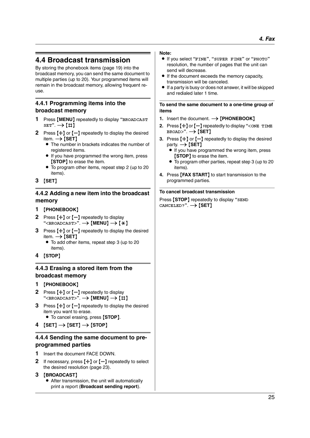 Panasonic KX-FP215 operating instructions Broadcast transmission, Programming items into the broadcast memory 