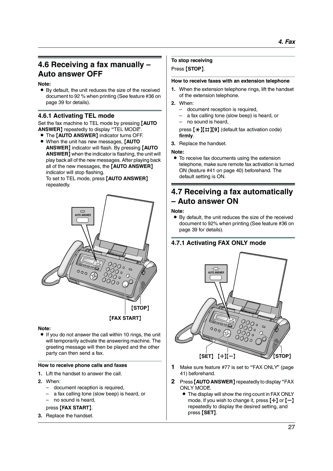 Panasonic KX-FP215 Receiving a fax manually Auto answer OFF, Receiving a fax automatically Auto answer on, Stop FAX Start 