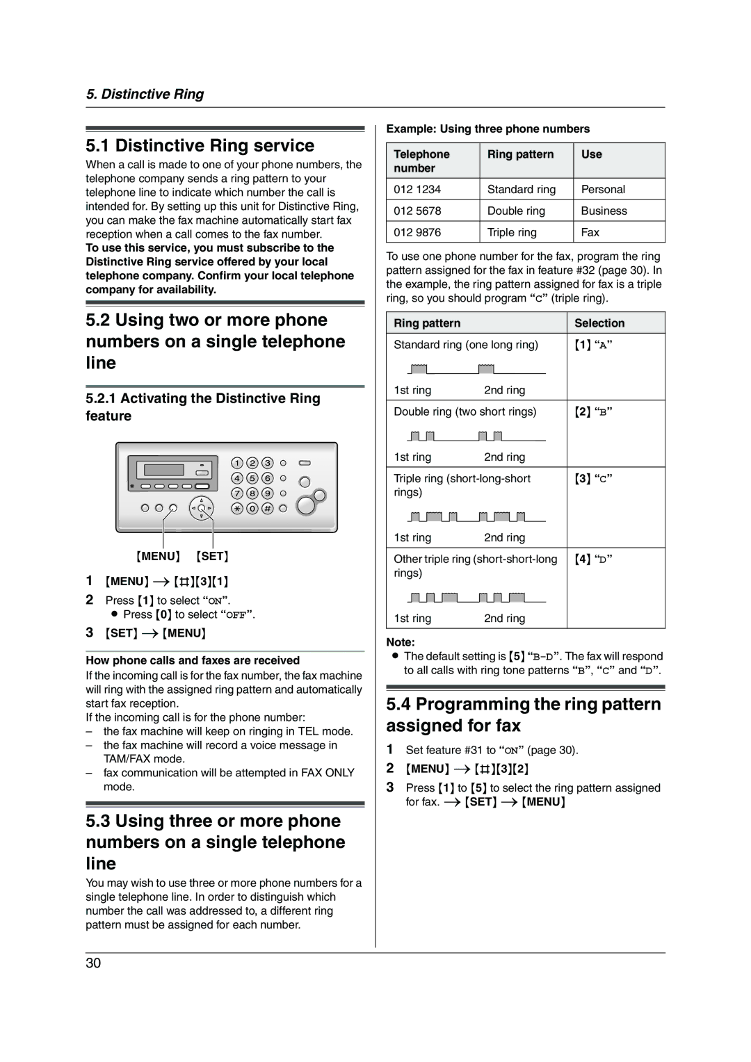 Panasonic KX-FP215 Programming the ring pattern assigned for fax, SET iMENU How phone calls and faxes are received 