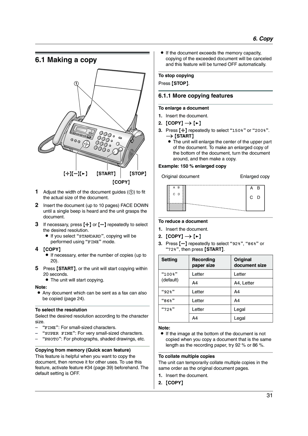 Panasonic KX-FP215 operating instructions Making a copy, More copying features 