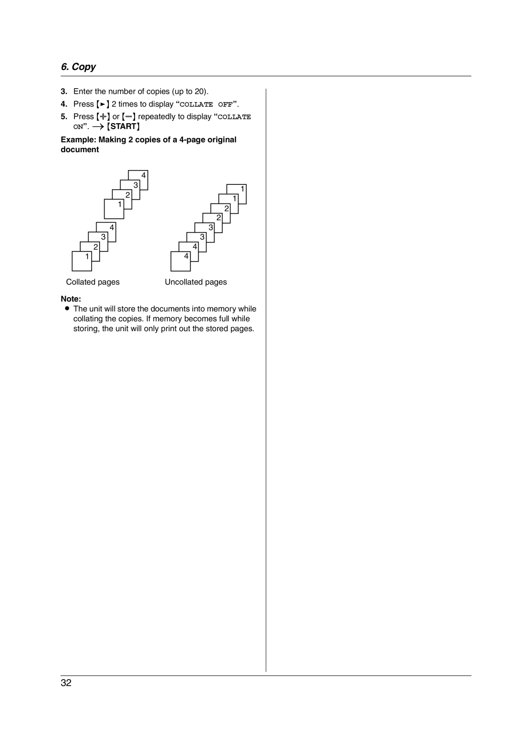 Panasonic KX-FP215 Example Making 2 copies of a 4-page original document, Collated pages Uncollated pages 