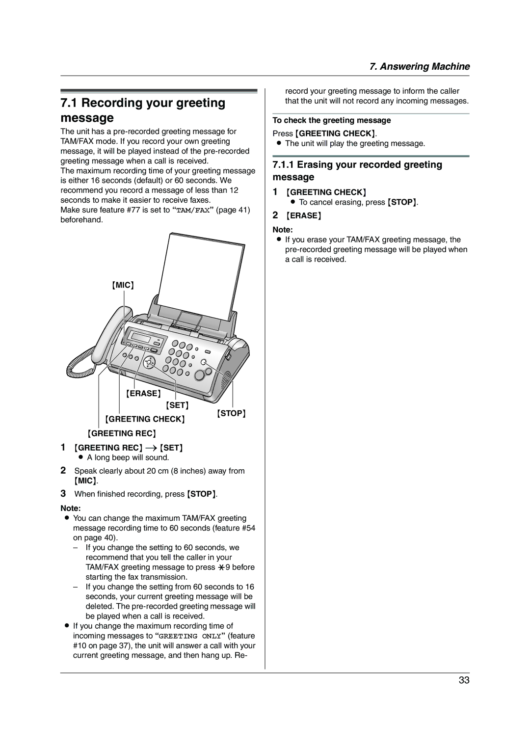 Panasonic KX-FP215 operating instructions Recording your greeting message, Erasing your recorded greeting message 