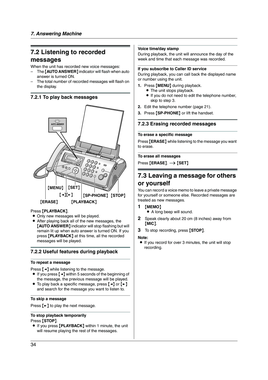 Panasonic KX-FP215 Listening to recorded messages, Leaving a message for others or yourself, To play back messages 