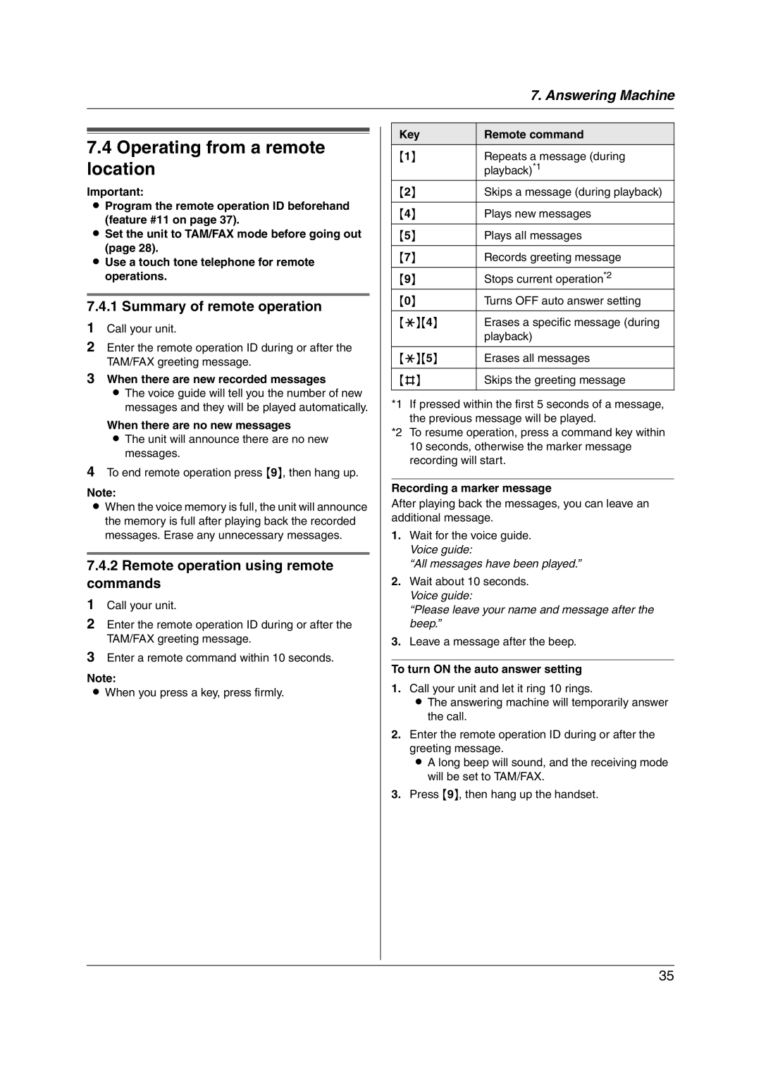 Panasonic KX-FP215 Operating from a remote location, Summary of remote operation, Remote operation using remote commands 