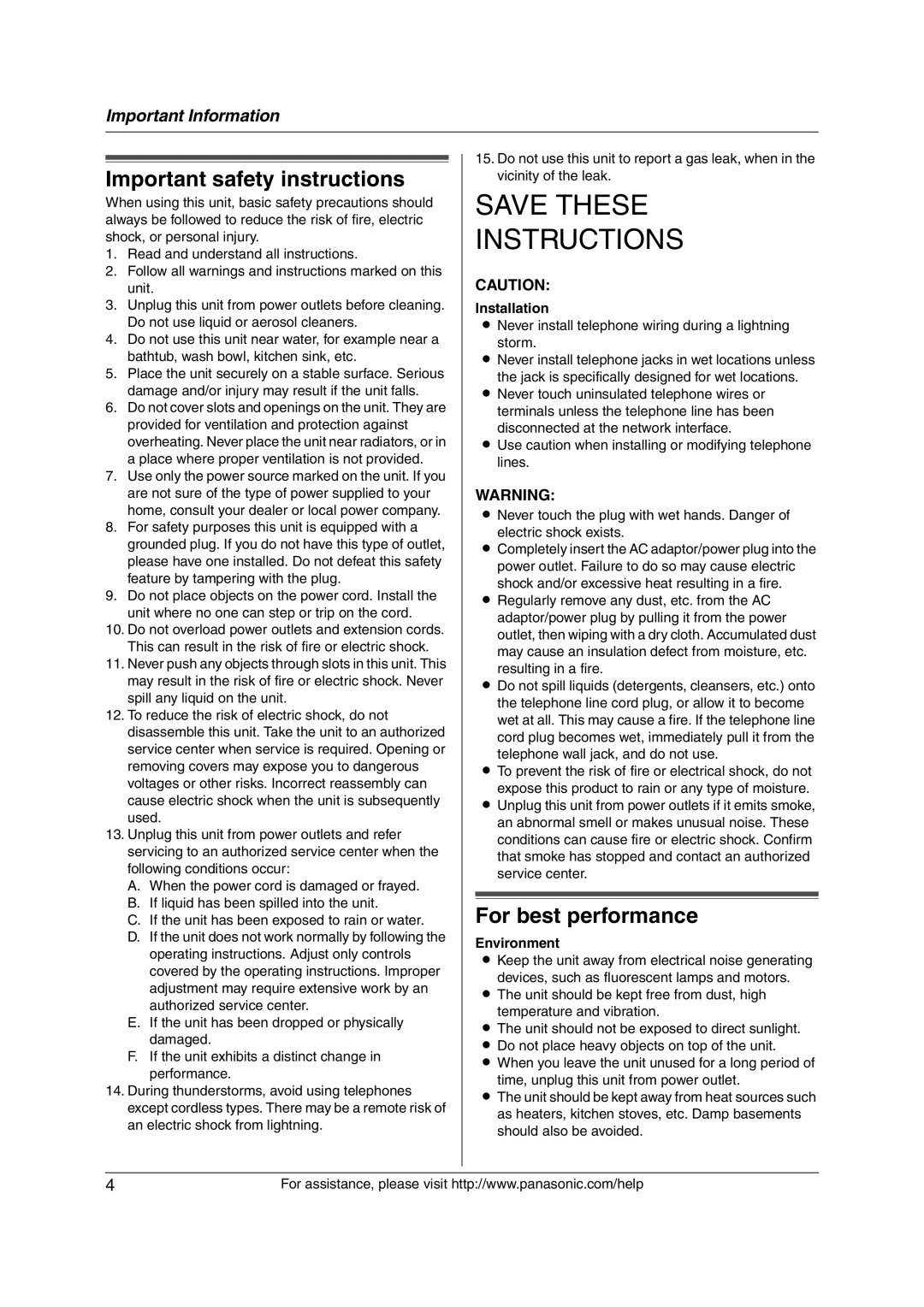 Panasonic KX-FP215 operating instructions Important safety instructions, For best performance, Installation 