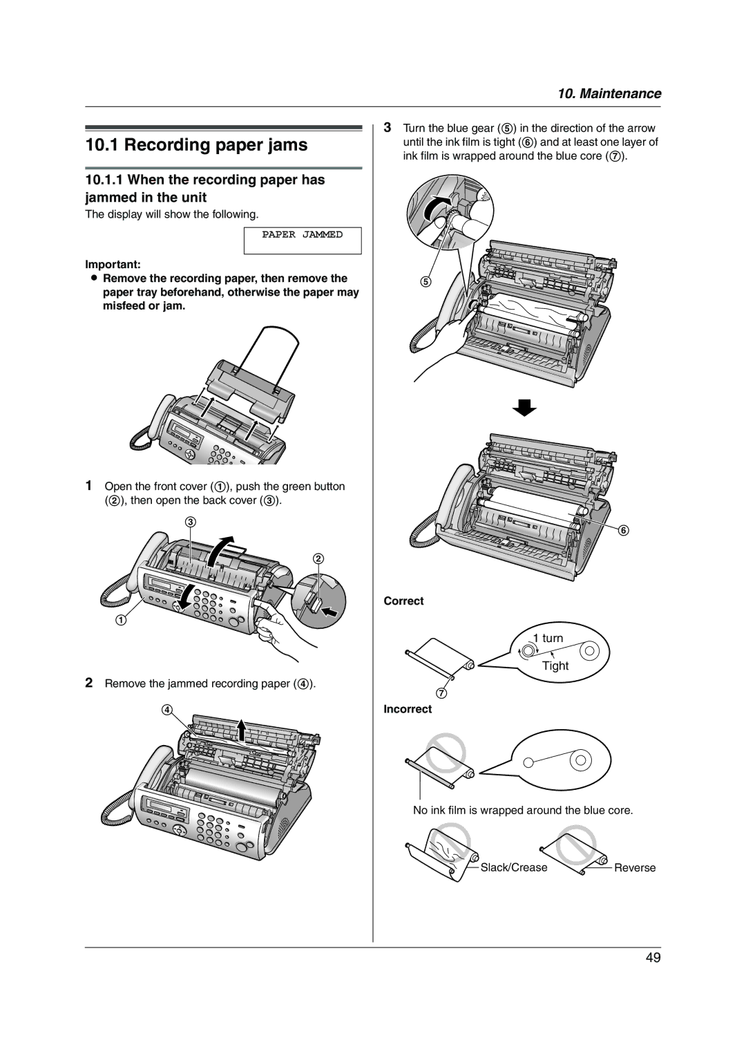 Panasonic KX-FP215 Recording paper jams, When the recording paper has jammed in the unit, Display will show the following 