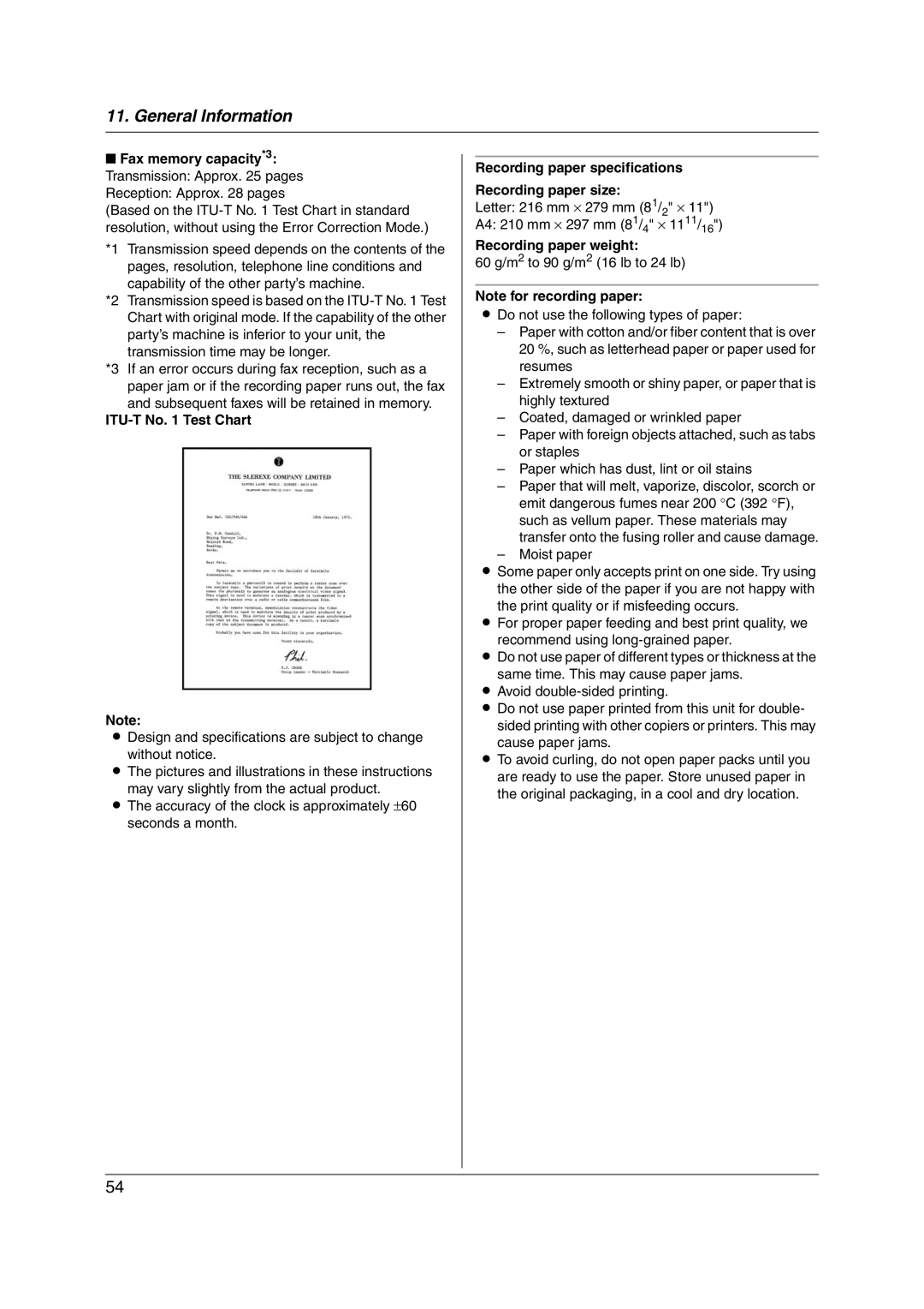 Panasonic KX-FP215 ITU-T No Test Chart, Accuracy of the clock is approximately ±60 seconds a month, Recording paper weight 