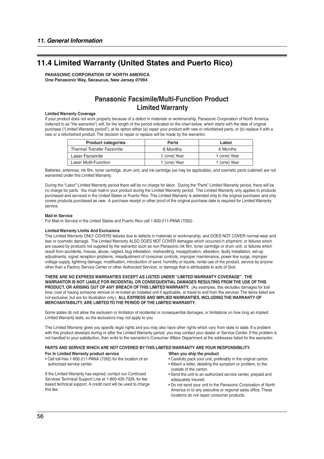 Panasonic KX-FP215 operating instructions Limited Warranty United States and Puerto Rico 