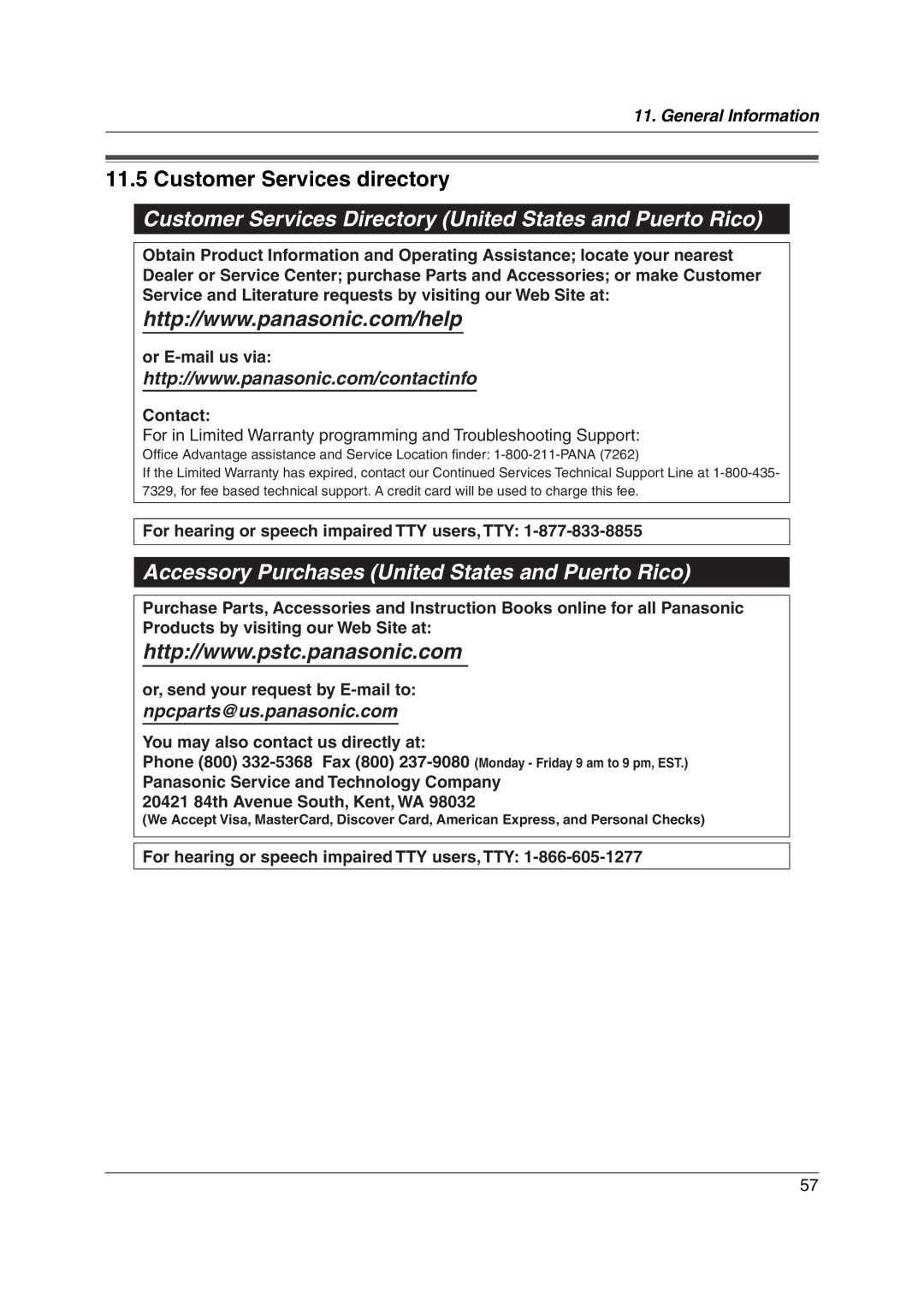 Panasonic KX-FP215 Customer Services directory, Customer Services Directory United States and Puerto Rico 