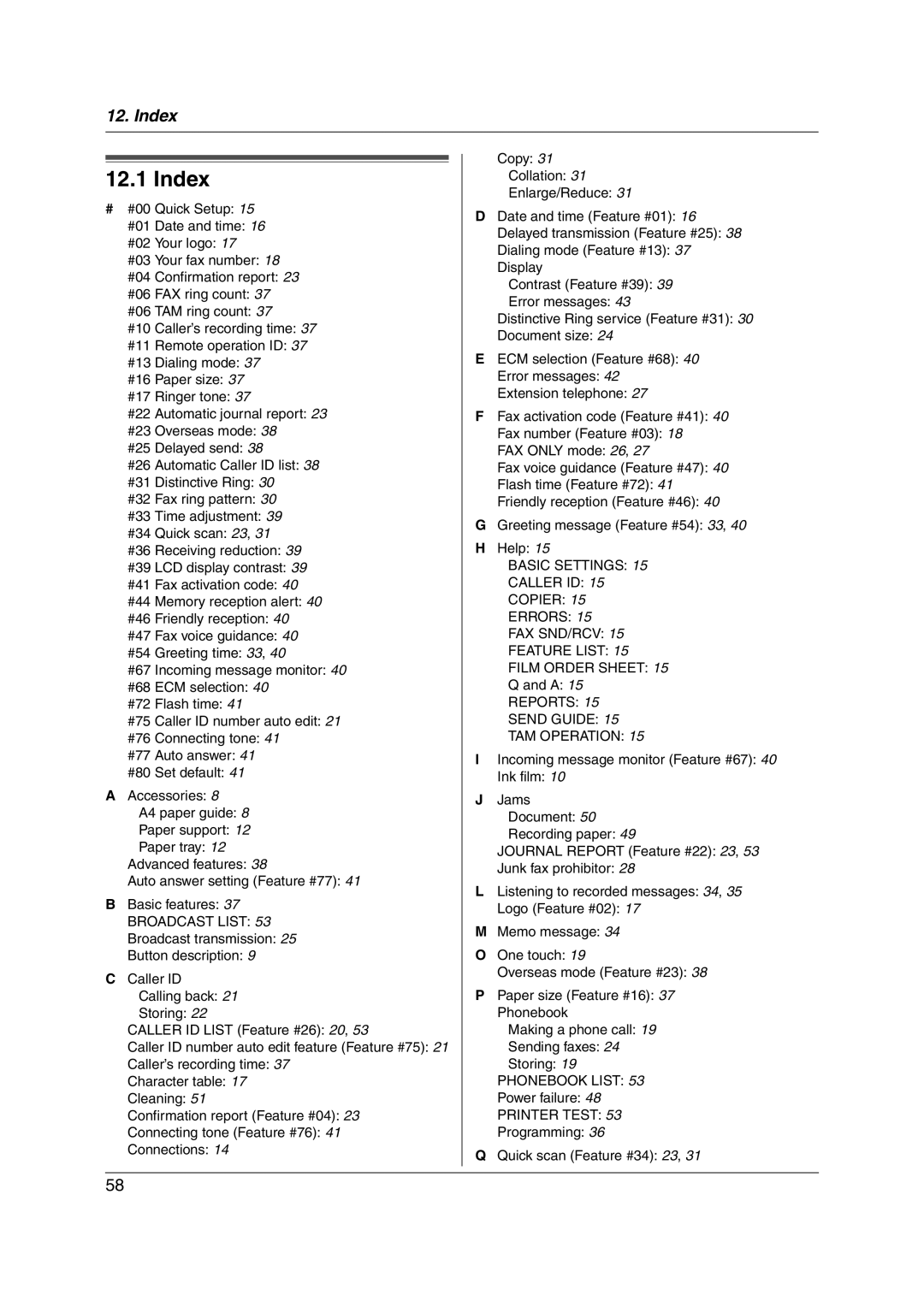 Panasonic KX-FP215 operating instructions Index, Power failure, Programming Quick scan Feature #34 23 