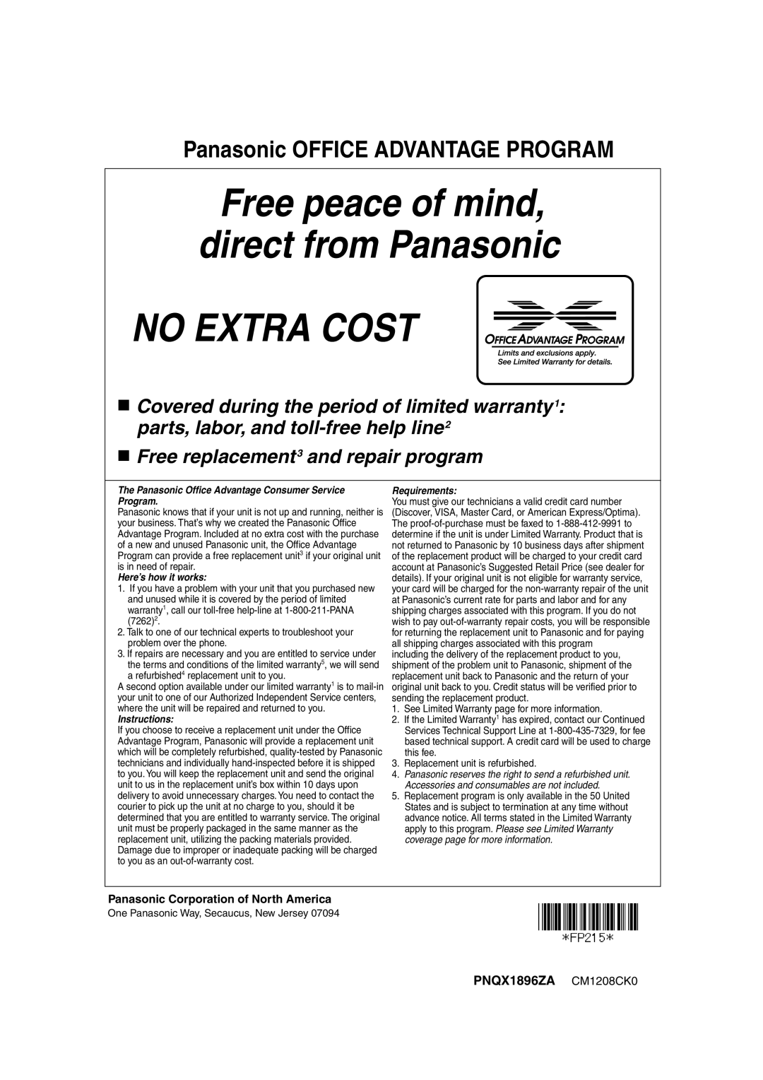 Panasonic KX-FP215 operating instructions No Extra Cost, Panasonic Corporation of North America 