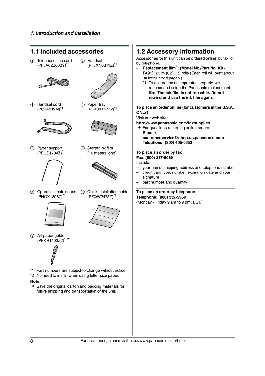 Panasonic KX-FP215 Included accessories, Accessory information, To place an order online for customers in the U.S.A. only 