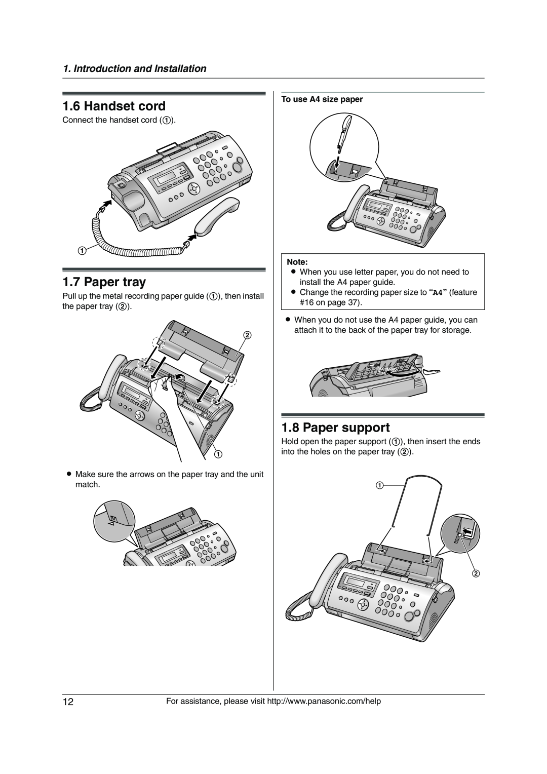 Panasonic KX-FP215 Handset cord, Paper tray, Paper support, Introduction and Installation, To use A4 size paper 