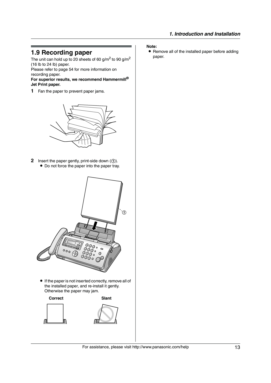 Panasonic KX-FP215 operating instructions Recording paper, Introduction and Installation, CorrectSlant 