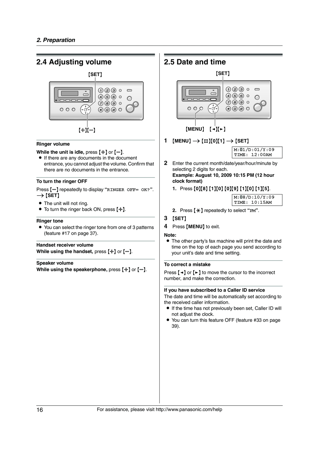 Panasonic KX-FP215 Adjusting volume, Date and time, Preparation, M01/D01/Y09 TIME 1200AM, M08/D10/Y09 TIME 1015AM 