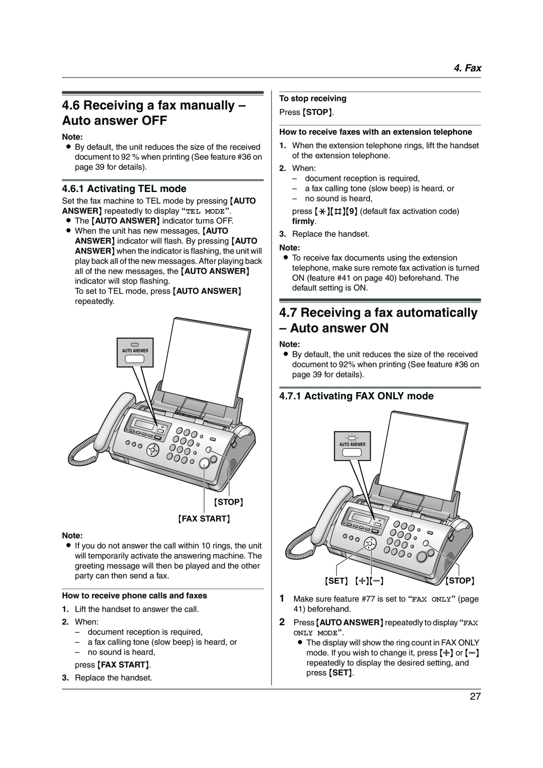 Panasonic KX-FP215 Receiving a fax manually - Auto answer OFF, Receiving a fax automatically Auto answer ON, Fax 