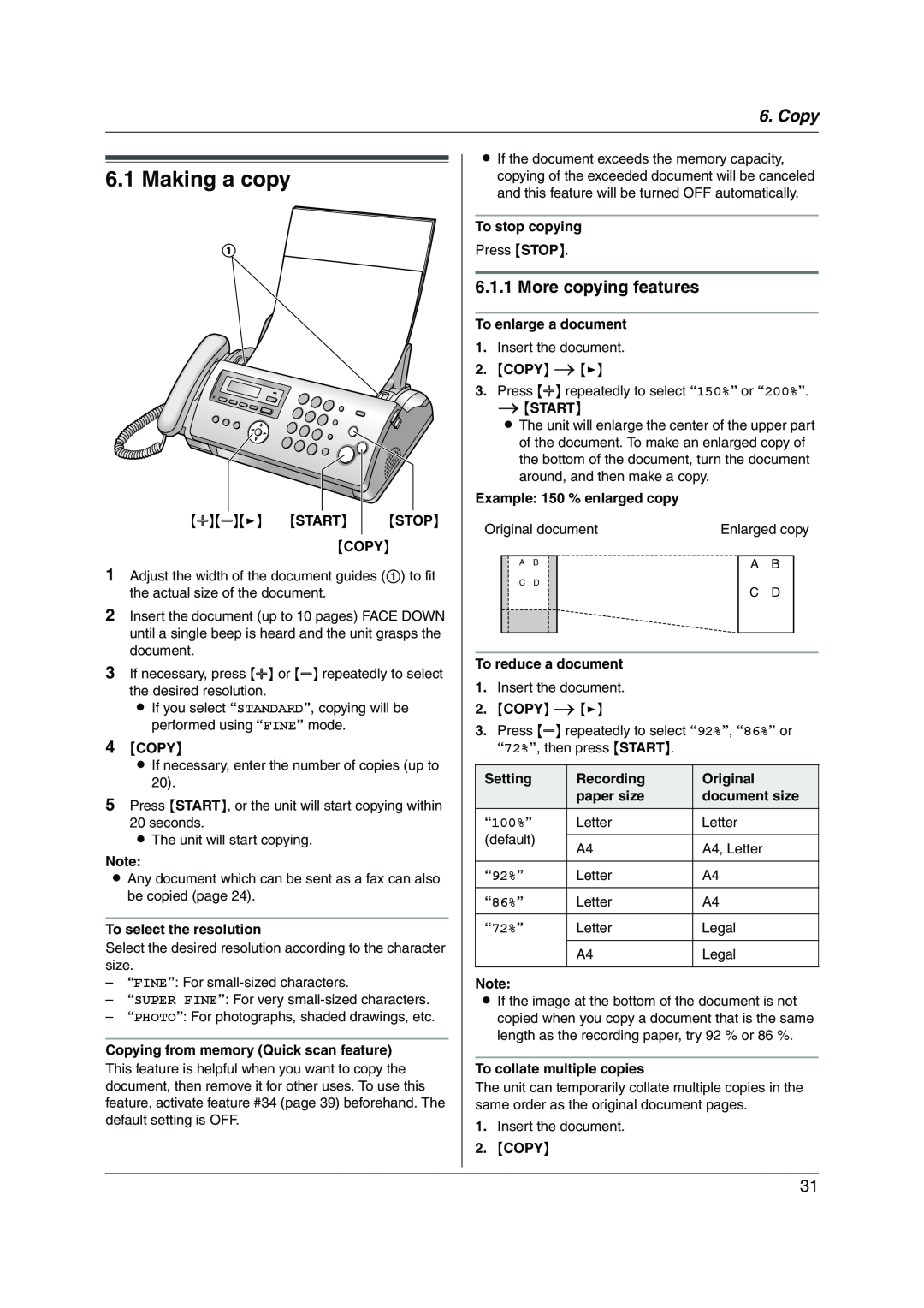 Panasonic KX-FP215 operating instructions Making a copy, Copy, More copying features 