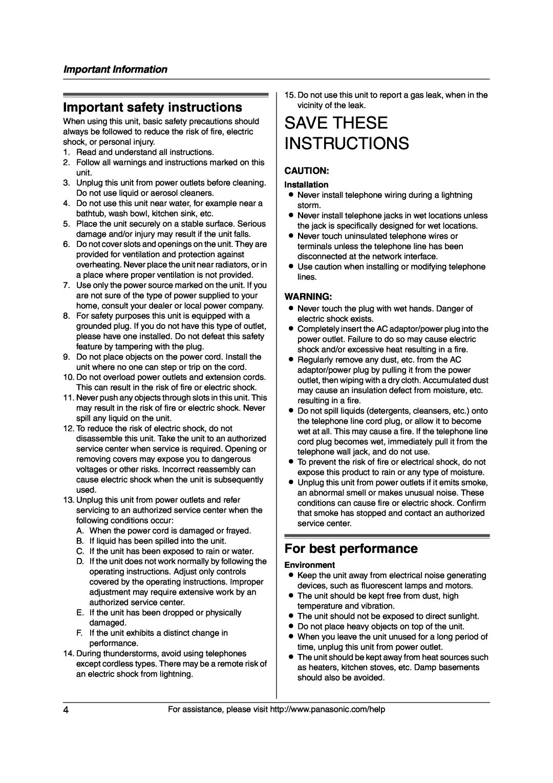 Panasonic KX-FP215 Important safety instructions, For best performance, Save These Instructions, Important Information 
