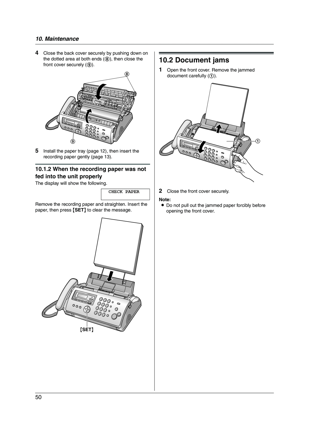 Panasonic KX-FP215 Document jams, Maintenance, When the recording paper was not fed into the unit properly 