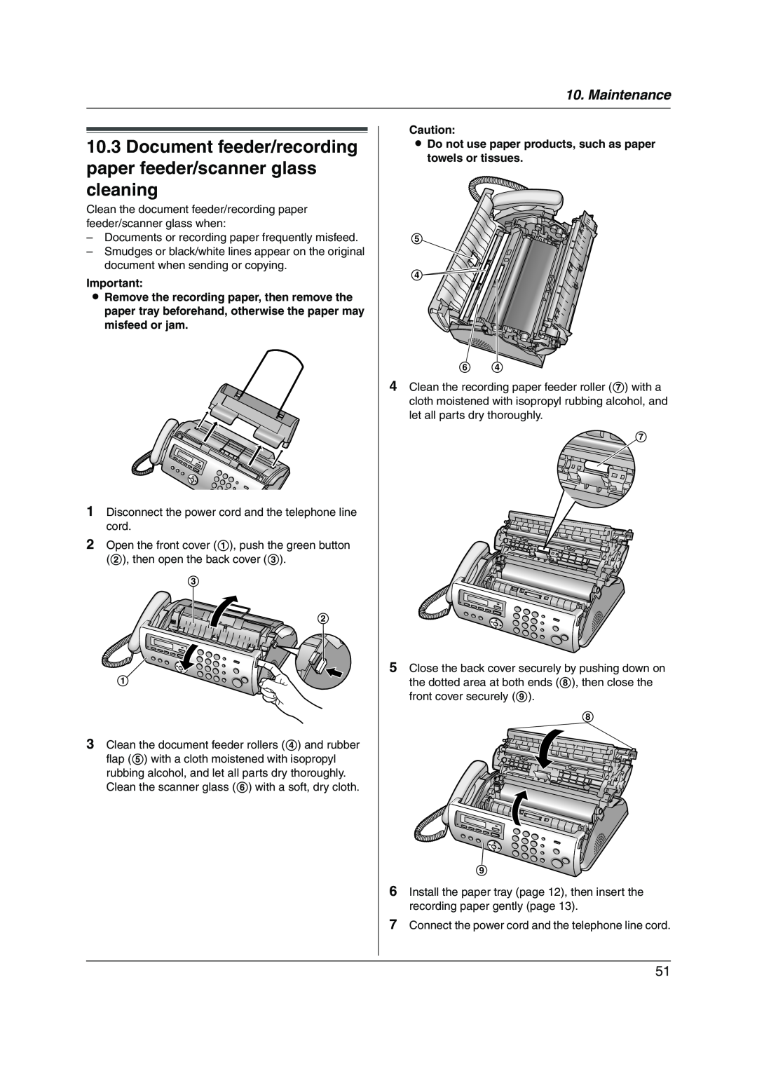 Panasonic KX-FP215 operating instructions Document feeder/recording paper feeder/scanner glass cleaning, Maintenance 