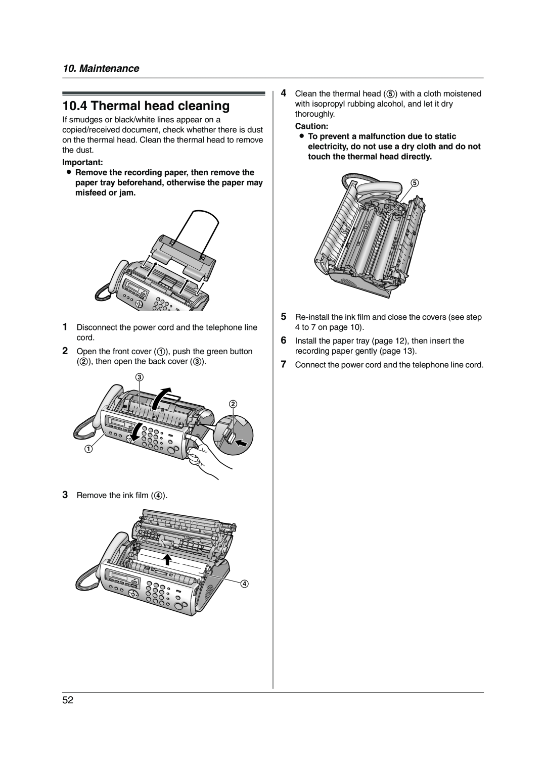 Panasonic KX-FP215 operating instructions Thermal head cleaning, Maintenance 