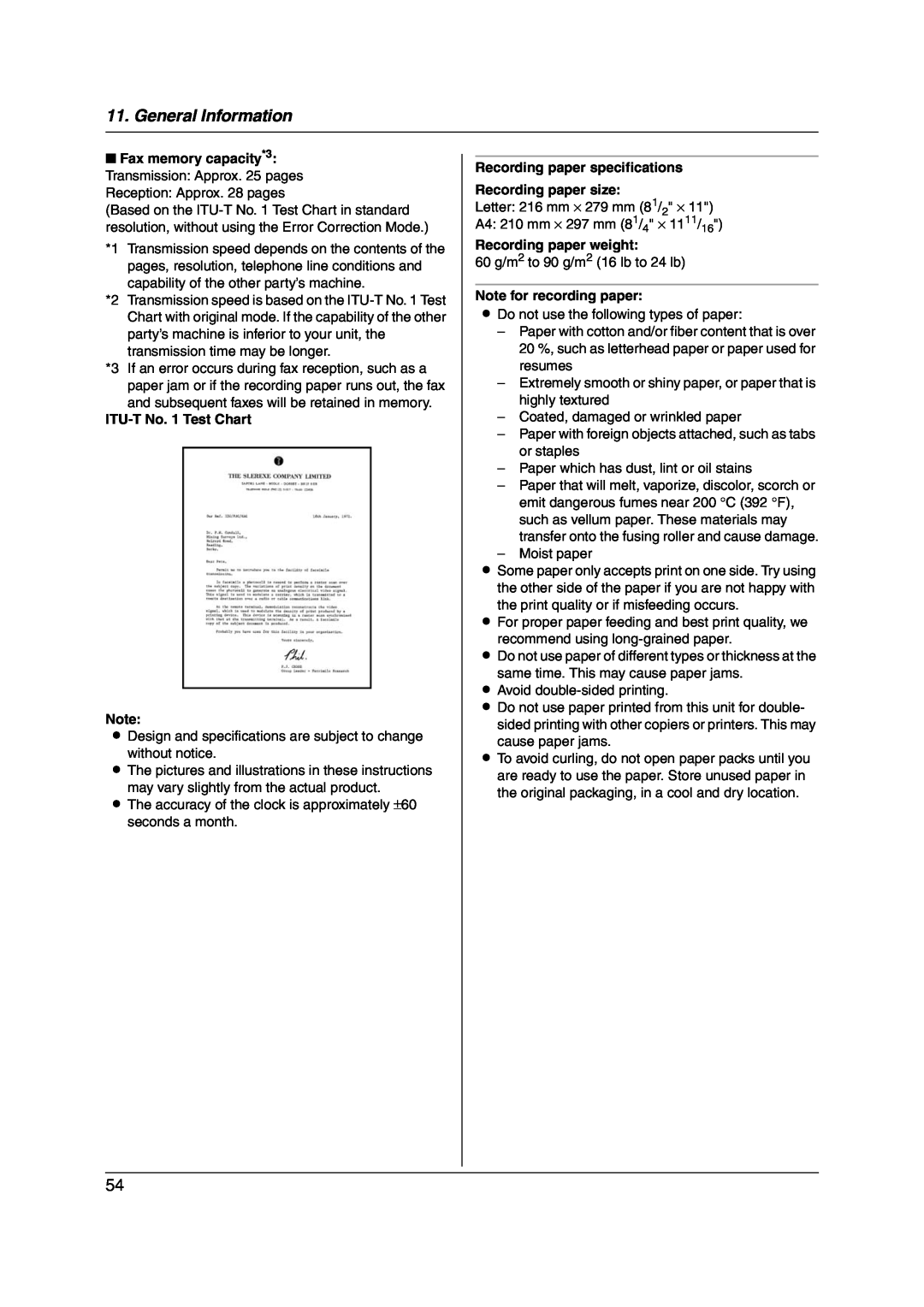 Panasonic KX-FP215 General Information, ITU-T No. 1 Test Chart, Recording paper specifications Recording paper size 