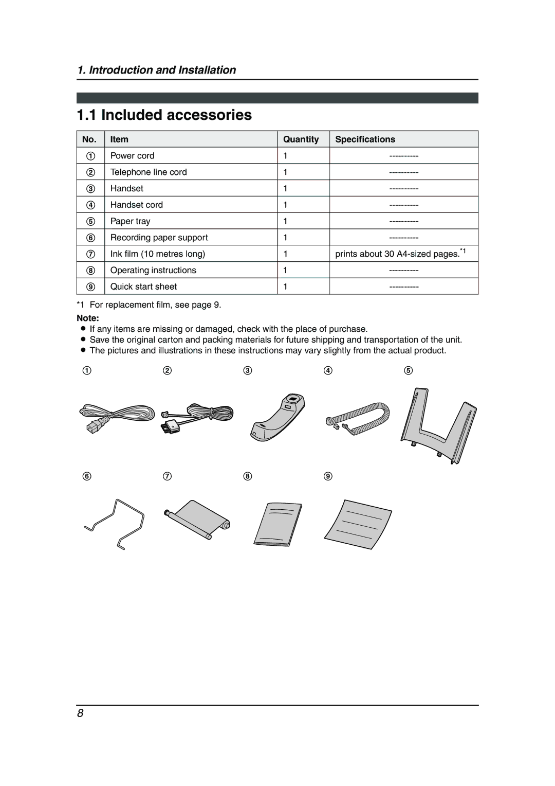 Panasonic KX-FP343AL manual Included accessories, Quantity Specifications 